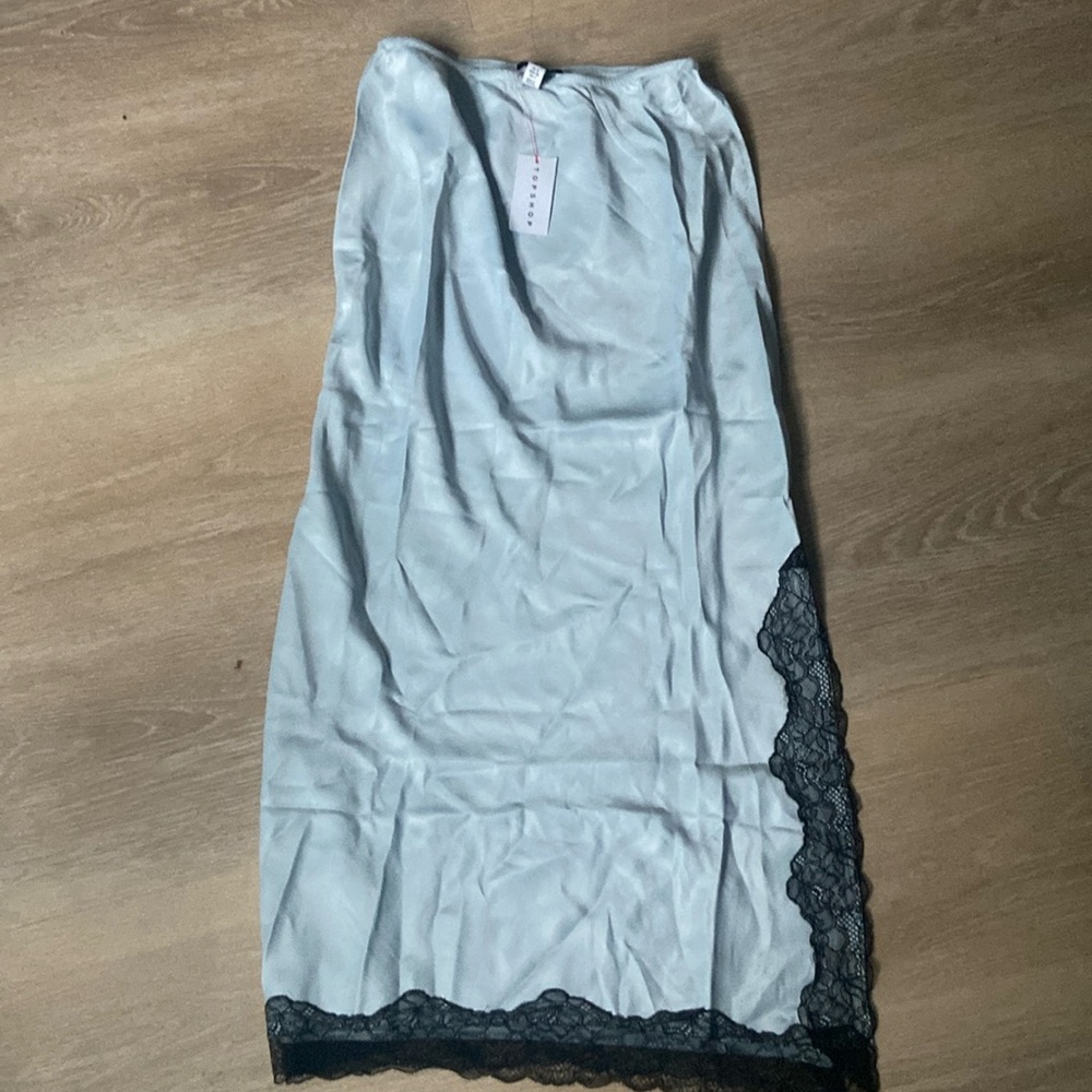Lace trim satin midi skirt